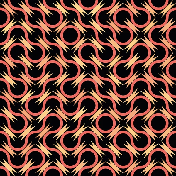 Truchet generative art random loop 와 circle vector seamless pattern background. 검은 색 배경에 빨간색과 노란색 원형의 눈을 휘젓고 있는 것이다. 현대적 인 컨셉 패 키 징을 위한 인쇄 전반에 걸쳐 — 스톡 벡터