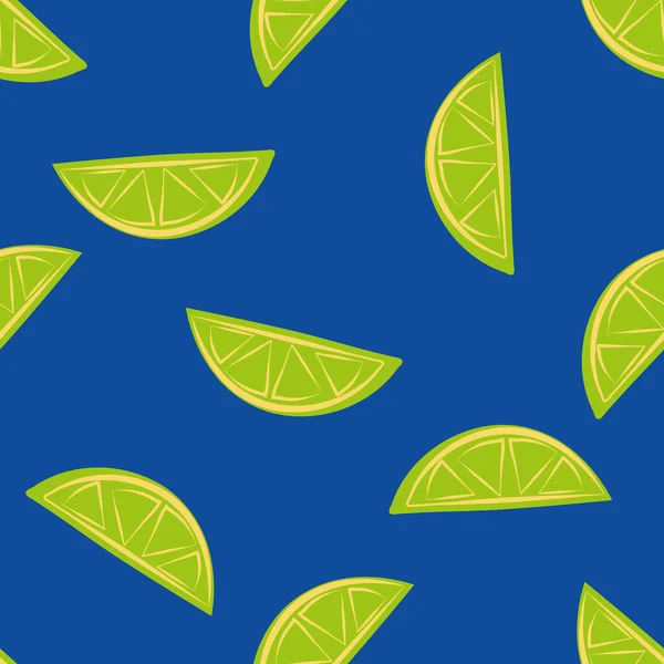 柑橘系の果物の半分ベクトルシームレスなパターンの背景。コバルトブルーの背景にライムスライス。オフセットカラーで幾何学的なイラストを手描き。飲み物の成分や食品の概念のための熱帯繰り返し — ストックベクタ