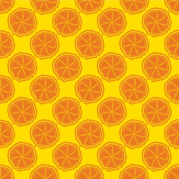 柑橘系の果物のベクトルシームレスなパターンの背景。オレンジの黄色の背景に丸いオレンジのスライス。オフセット色の幾何学的なイラスト。食べ物や飲み物のコンセプト、混合物のためのすべての印刷 — ストックベクタ