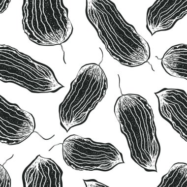 Mono izi dağınık, kusursuz vektör desenli bir arka plan bırakıyor. Ayrıntılı lino kesim yaprak yaprakları. Klasik botanik illüstrasyon tarzı arka plan. Doğa konsepti için tüm baskılar tek renkli.