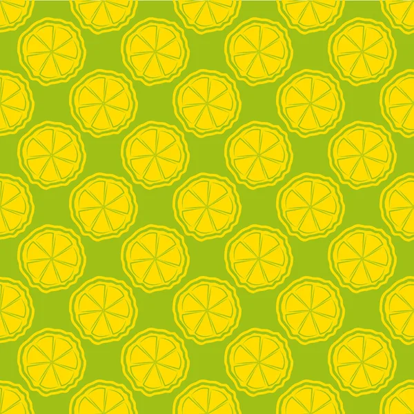 Cítricos vector de fruta sin costura patrón de fondo. Fondo verde amarillo con rodajas de limones redondos Ilustración geométrica con color offset. Todo impreso para el concepto de comida y bebida, mixología — Archivo Imágenes Vectoriales