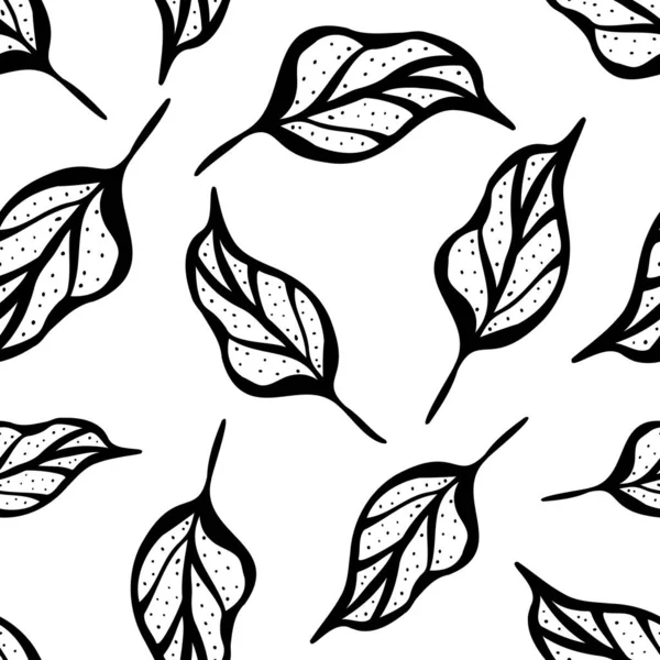 Inky bianco e nero foglia senza soluzione di continuità vettore modello di sfondo. Botanico vintage illustrazione stile disegnato a mano linea arte foglie cadenti. Sfondo monocromatico.Design multidirezionale in rilievo per l'imballaggio — Vettoriale Stock