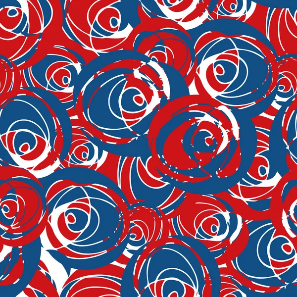 추상 페인트 dab circular vector seamless pattern background. 빨간 색, 파랑 색, 흰 벽돌같은 둥그스름 한 솔이 뒤엉키고 있다. 질감과 겹쳐지는 구조. 여름 해변 컨셉을 프린트 해 내다 — 스톡 벡터