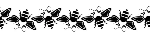Honigbienen Vektor nahtlose Grenze. Handgezeichnetes fliegendes Insekt im Stil einer schwarzen Silhouette auf weißem Hintergrund. Gartenflügelkäfer-Banner. Für Kanten, Besatz, Band. Garten- oder Naturschutzkonzept. — Stockvektor