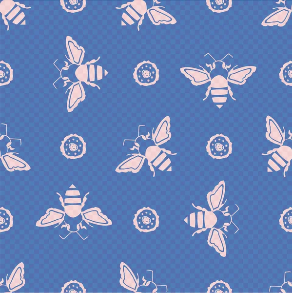 Honingbij en bloemen vector naadloze patroon achtergrond. Silhouet stencil stijl met de hand getekend vliegend insect en bloemen roze blauwe achtergrond. Tuin gevleugelde bug gestileerd helemaal over print voor de zomer — Stockvector