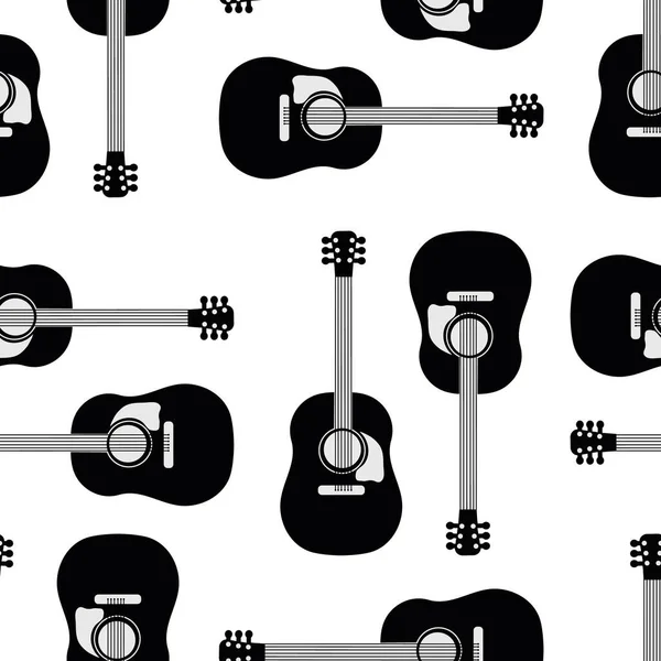 Vector de guitarra acústica sin costura patrón de fondo. Fondo de instrumentos de cuerda musical en blanco y negro. Diseño monocromo de alto contraste. Repetición geométrica para lección de música o concepto de festival — Archivo Imágenes Vectoriales