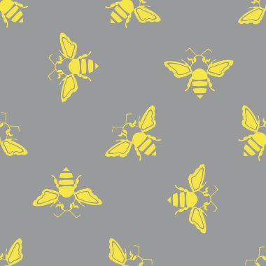 Bal arısı vektörsüz desenli arka plan. Sarı siluet şablon stili el çizimi gri arka planda uçan böcek. Bahçe kanatlı böcekler yaz için baskılar, koruma, gıda konsepti