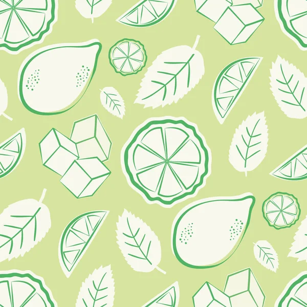 柑橘類、ミントの葉、氷のキューブベクトルシームレスなパターンの背景。ラインアートスタイルのレモン、ライム、氷、ミントの葉とレトロな緑の白い背景。ドゥオトン夏のための繰り返し,カクテル,混合物 — ストックベクタ