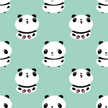 Kawaii vektör panda kusursuz şablon arka planı. Pastel deniz mavisi arka planında oturan sevimli siyah beyaz çizgi film ayıları. El çizimi çizimi. Geometrik hayvan tekrarı. Çocuklar için tüm baskılar