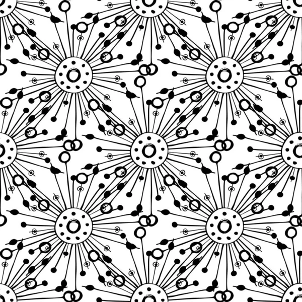 Graines de pissenlit fond vectoriel sans couture. abstrait art populaire style herbeux jardin ou champ fleurs fond blanc noir. Belle superposition texturale dessinée à la main art botanique répéter — Image vectorielle