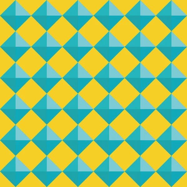 벡터 3D 피라미드는 매끄럽지 않은 패턴의 배경을 형성하였다. 노란 배경에 파란색으로 채색 된 다이아몬드 삼각형이 있습니다. 생생 한 기하학적 반복. 현대 디자인. 신나게 인쇄되어 스포츠, 여름 — 스톡 벡터
