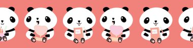 Şirin Kawaii vektör panda kusursuz sınır. Sırt çantaları ve pembe arka planda kalemler tutan siyah beyaz çizgi film ayıları pankartı. Okul konsepti için eğlenceli bir hayvan tasarımı.