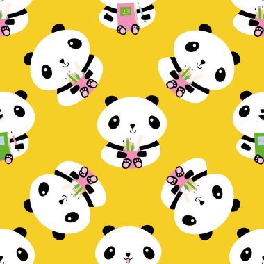 Şirin Kawaii vektör panda kusursuz model geçmişi. Oturan çizgi film ayıları kalem tutacakları ve sarı arka planda not defterleri tutuyorlar. Eğlenceli karakter tasarımı. Okula dönmek için tekrarla, eğitim kavramı.
