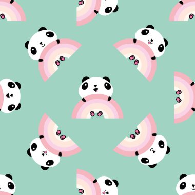 Kawaii panda gökkuşağı kusursuz vektör desenli arka plan. Tatlı siyah beyaz çizgi film ayıları pastel gökkuşağına tutunurken arkaplan. Gülen ve gülümseyen hayvanlar. Çocuklar için tüm baskılar