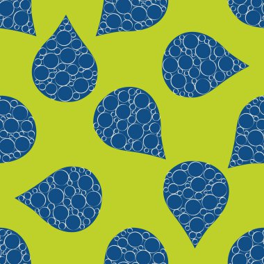 Soyut su damlası ve kabarcık vektörsüz şablon arka plan. Küçük kabarcıklar içeren büyük yağmur damlalarıyla donanma mavisi ve yeşil zemin. Çevre sağlığı kavramı yaz boyunca tüm baskılarda tekrarlandı