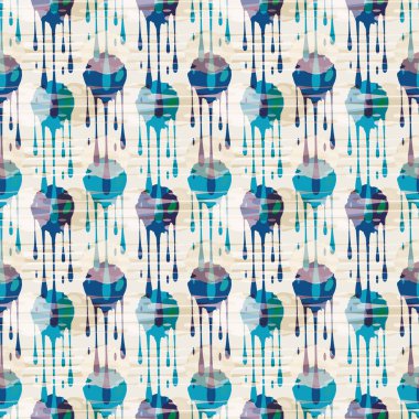 Soyut boya damlası dokuma efekti ızgarasız vektör desenli arka plan. Üst üste binen mor mavi altın renginde boya damlayan arka plan pastel dokusu. Çuval bezi konsepti. Sahte örgü kumaş tekrarla