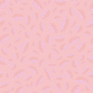 Mono baskı tarzı dağınık küçük yapraklar, kusursuz vektör desenli arka plan. Harmanlanmış tek renkli pembe lino kesim çizgisi sanat yaprağı arka planı. Düğün konsepti için doku tekrarı