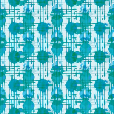 Soyut boya damlası dokuma efekti ızgarasız vektör desenli arka plan. Üst üste binen Cyan ve Aqua mavisi damlayan boya damlaları çapraz perde. Okyanus titreşimli sahte çuval bezi bezi dokusu kavramı