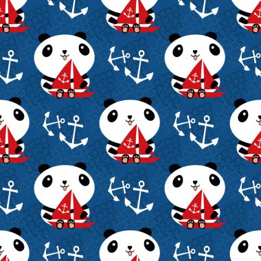 Yelkenli tekneleri ve çapaları olan sevimli Kawaii panda. Kusursuz vektör kalıbı. Deniz mavisi arka planda yelkenli araçlarıyla çevrili kırmızı yatlar taşıyan çizgi film ayıları. Eğlenceli deniz yolculuğu tekrarı