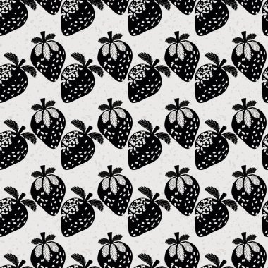 Çilek doğrusuz vektör desenli arka plan. Terrazzo desenli arka planda stencil tarzı meyveler. Geometrik tasarım. Tek renkli yaşlanma etkisi. Klasik ambalaj için yumuşak meyve yinelemesi