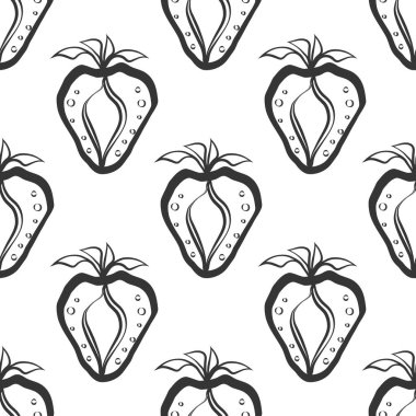 Çilek doğrusuz vektör desenli arka plan. Stencil tarzı el, beyaz zemine siyah böğürtlen çizdi. Monokrom minimalist tasarım. Çiftlik gıda pazarı klasik konsepti için bahçe meyvesi tekrarı