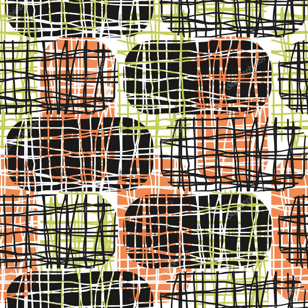 Vector rectangles with irregular burlap effect. Red green black seamless pattern background. Rounded hessian fibre shapes blended into a coarse weave linen texture backdrop. Midcentury modern repeat