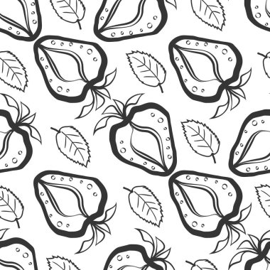 Çilek doğrusuz vektör desenli arka plan. Stencil stili el, beyaz arka planda böğürtlen ve yapraklar çizdi. Çapraz monokrom tasarımı. Bahçe meyvesi bağbozumu konsepti için tekrarla