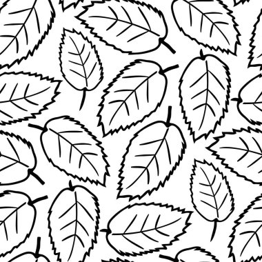 Karaağaç yaprağı arkaplansız vektör deseni. El çizimi siyah çizgili tek parça sanat eserleri beyaz arka planda. Yoğun botanik tasarımı. Doğa refahı kavramı için çok yönlü yaprak tekrarlama baskısı