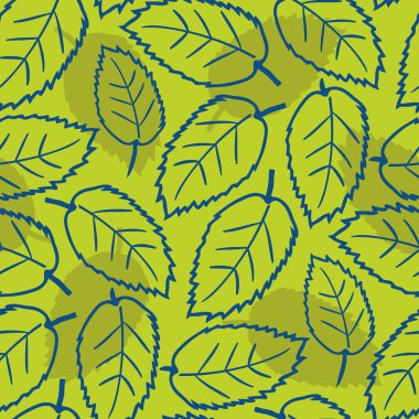 Karaağaç yaprağı arkaplansız vektör deseni. El çizimi sanat eserleri tek yapraklar ve adaçayı yeşili arka planda gölgeler. Yoğun botanik tasarımı. Doğa refahı kavramı için yeşillik tekrarlama baskısı
