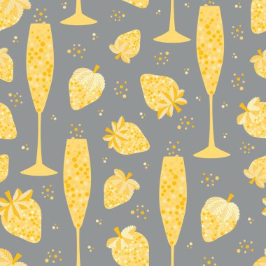 Şampanya ve çilekli vektör arkaplan. Sarı gri duoton arka plan köpüklü, şampanya kadehleri, baloncuklar, çilek meyveleri. Parti konsepti için modern tekrarlama