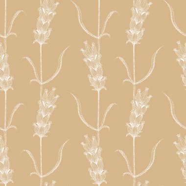 Lavender line art seamless vector pattern background. Hand drawn white blossoms on stems with leaves on beige brown paper color backdrop. Chalkboard effect botanical herb vintage design. Nature repeat