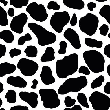 Vektör inek desenli kusursuz bir arka plan. Beyaz zemin üzerinde siyah düzensiz yamalar. Soyut inek deri dokusu çizimi. Rastgele sığır benekleri elle çizilmiş tasarım. Her yerde çiftlik hayvanı dokusu var.