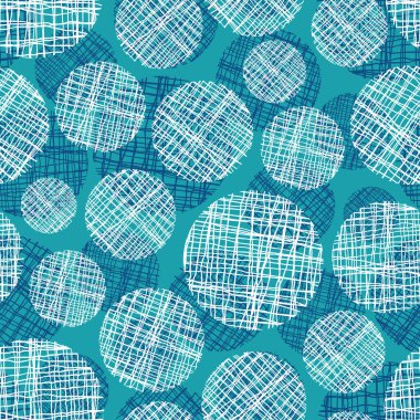 Düzensiz dokuma ipliği vektör dairesi kusursuz desen arka planı. Küçük ve büyük dairesel dokuma şekilli ve gölge efektli arkaplan. Aqua, kobalt mavisi, beyaz eskimiş iplik dokusu tekrarla