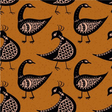 Biçimlendirilmiş kuş kusursuz vektör kalıbı. Antik Yunan çömlekçiliğinden esinlenilmiştir. Ochre siena arkaplanındaki siyah kuşlar. Tarihsel stil geometrik duoton tasarımı. Refah kavramı için tekrarla