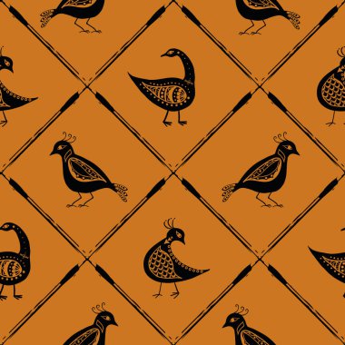 Biçimlendirilmiş kuş ve köşegen şebeke kusursuz vektör şablonu. Halk sanatı ya da barok tarzı kuşların karışımı. Boyalı ağ çizgileri olan toprak rengi siyah arkaplan. Tarihsel efekt geometrik tekrar