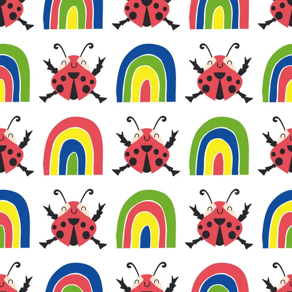 Leuke lieveheersbeestjes en regenbogen naadloze vector patroon achtergrond. Gelukkige dansende lieveheersbeestjes in kinderlijke tekenstijl. Geometrische vormgeving in primaire kleuren met tuininsecten.Overdruk voor kinderen — Stockvector