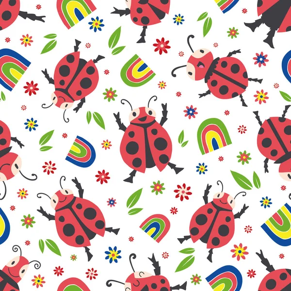 Leuke lieveheersbeestjes en regenbogen naadloze vector patroon achtergrond. Gelukkige dansende lieveheersbeestjes in kinderlijke tekenstijl. Ontwerp in primaire kleuren met tuinwantsen, bloemen.Overdruk voor kinderen — Stockvector