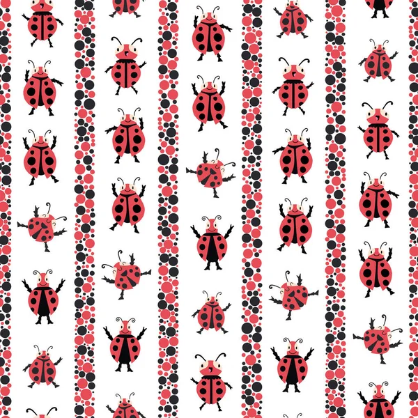 Leuke dansende lieveheersbeestjes strepen naadloze vector patroon achtergrond. Kawaii lieveheersbeestjes in kinderlijke tekenstijl met verticale puntbellenvulstrepen. Tuinwants ontwerp in rood zwart. Herhaal voor kinderen — Stockvector