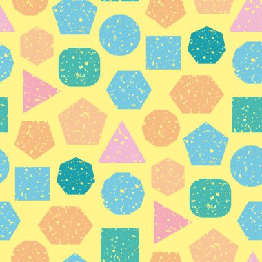 Geometrik soyut çoklu renkli vektör dikişsiz şablon arka planı. Üçgen, altıgen, daire, kare şekiller ve doku karışımı. Pembe, mavi, deniz mavisi, sarı zemin üzerinde turuncu. Yaz tekrarı