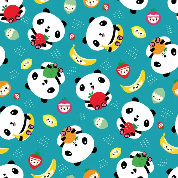 Panda Kawaii e fundo padrão vetorial sem costura de frutas. Cenário com ursos de desenhos animados segurando maçãs, bananas, morangos, laranjas. Animais risonhos e sorridentes. Conceito de alimentação saudável para crianças — Vetor de Stock