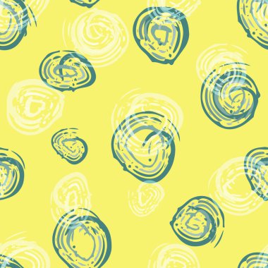 Scribbled painterly circle vector seamless pattern background. Hand drawn brush stroke blue white circles on yellow backdrop. Modern abstract blended repeat for summer, sport, leisure