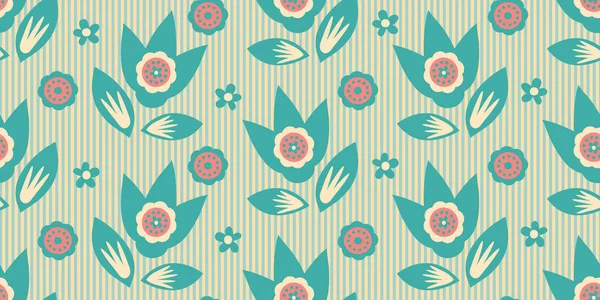 Modern wild flower graphic vector seamless border background. Banner with abstract groups of flowers leaves on striped backdrop in pastel blue yellow. For baby products, header, ribbon, edging, trim — Stock Vector