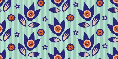 Modern yaban çiçeği grafik vektörü kusursuz sınır arkaplanı. Neon çivit turuncusuyla çizgili arka planda soyut çiçek yaprakları bulunan pankart. Başlık, kurdele, kenar, düzelticilik konsepti için