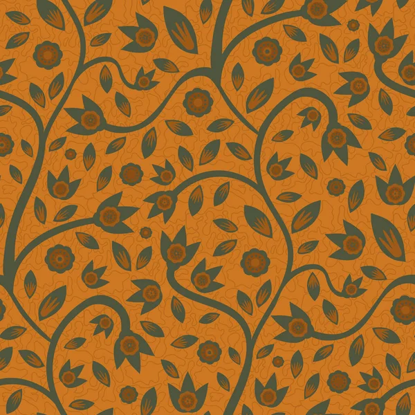 Moderne Indian Florals Stil Vektor nahtlose Muster Hintergrund. Terrakotta-Ocker-Salbei-grüne abstrakte Blüten und Blätter an gewundenen Stängeln vor einem strukturierten vermikulären Hintergrund. Elegante Wiederholung für den Herbst — Stockvektor