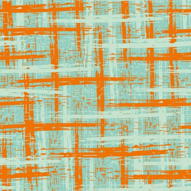 Soyut tuval desenli vektör ızgarası dikişsiz şablon arka planı. Boyalı çizgili ve kabaca lifli mavi turuncu arka plan. Harmanlanmış katmanlar dokuma efekti. Çuval bezi pamuğu biçimi tekrarla.