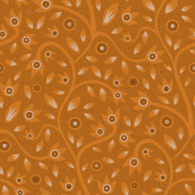 Modern Hint çiçekleri stili, kusursuz model arka plan. Tek renkli terracotta laciverti soyut çiçekleri ve dolambaçlı gövde üzerinde dolambaçlı yapraklar. Zarif doku tekrarı