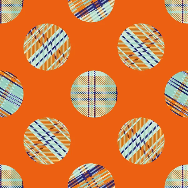 Woven tartan circles seamless vector pattern background. Neon tropical color plaid circle shapes backdrop. Geometric faux woven fabric modern check dots in orange, indigo, blue.. Summer concept — Stock Vector