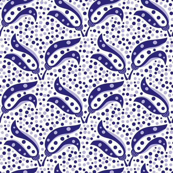 Résumé stylisé tulipe et vecteur de points fond de motif sans couture. Fond blanc violet moderne avec des bouquets de tulipes en fleurs dessinées à la main et des pois. Design de texture florale contemporaine répéter — Image vectorielle