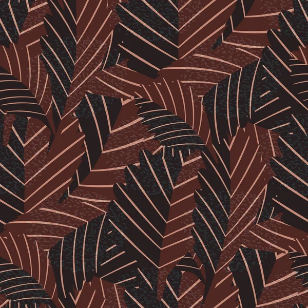 Lino print style earthy stylised vector leaves seamless pattern background. 텍스처는 겹쳐진 잎 과 구조적 선형의 잎 정맥으로 뒤로 이어진다. 무늬가 있는 밤색 얼룩 무늬의 갈색 반복 — 스톡 벡터
