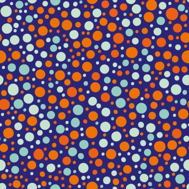 Köpüren kabarcıklar kusursuz vektör desenli arka plan. Neon çivit mavisi turuncu arka plan yoğun benek şekilleri. Modern baloncuk dağınık tasarımı, çeşitli boyutlarda. Tropikal yaz plajı içecekleri konsepti için tekrar et.